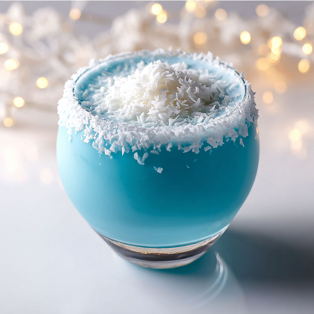 A blue glass filled with a white drink.