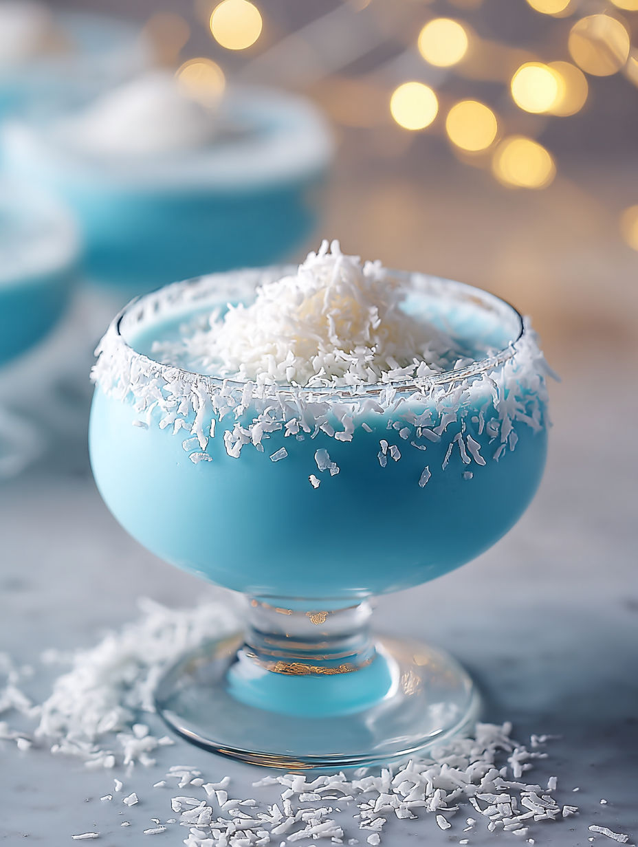 A blue glass filled with a white drink.