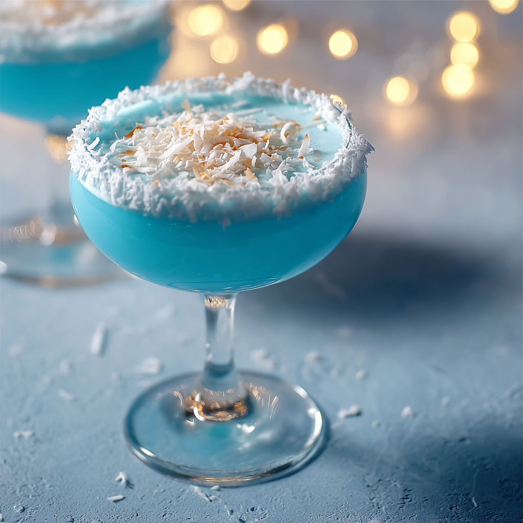 A glass of Jack Frost cocktail with coconut flakes on top.