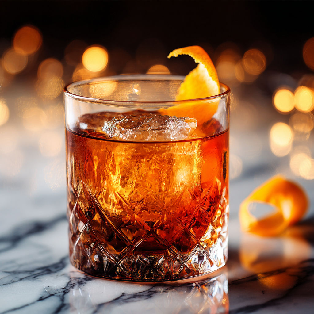 A glass of whiskey with a slice of orange on the side.