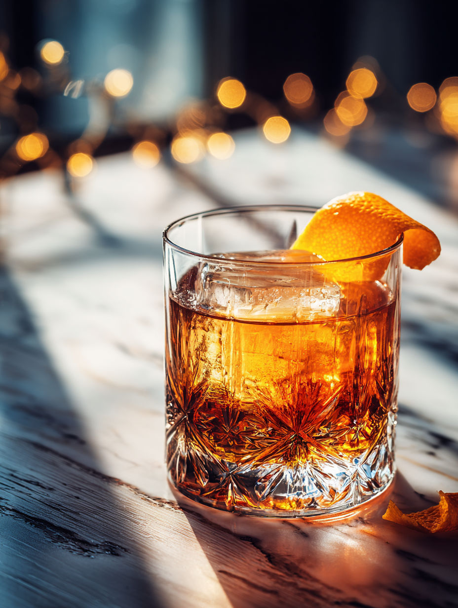 A glass of whiskey with a slice of orange on top.