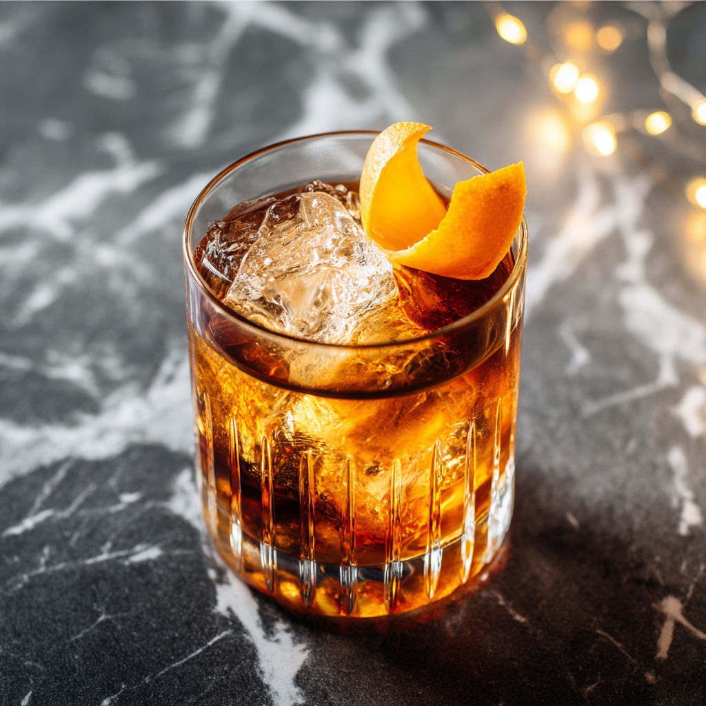 A glass of whiskey with an orange slice on top.