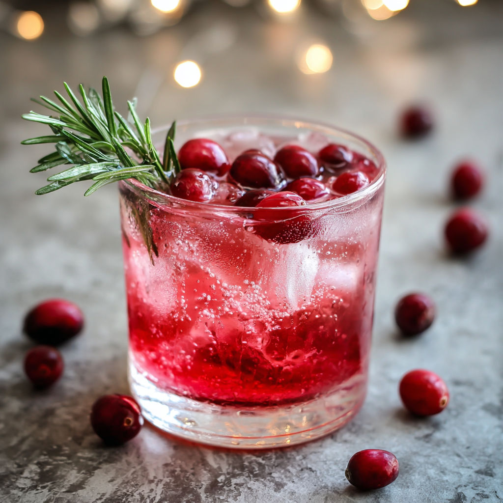 A glass of Tipsy Rudolph Spritzer with cranberries and rosemary.
