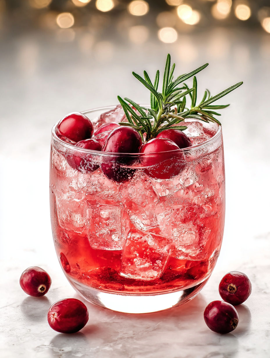 A glass of Tipsy Rudolph Spritzer with cranberries and rosemary.
