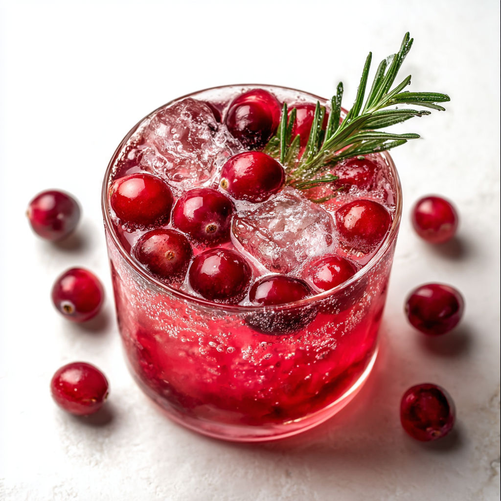 A glass of Tipsy Rudolph Spritzer with a sprig of rosemary.