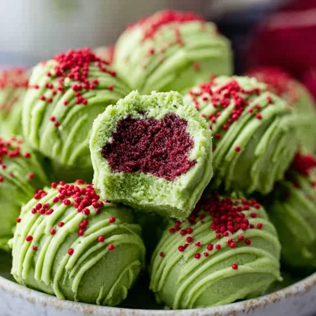 A plate of green and red truffles.