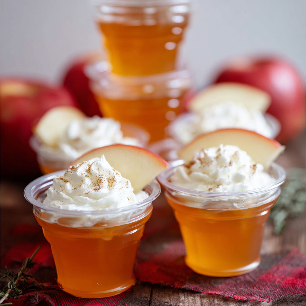 Four cups of apple cider jello shots.