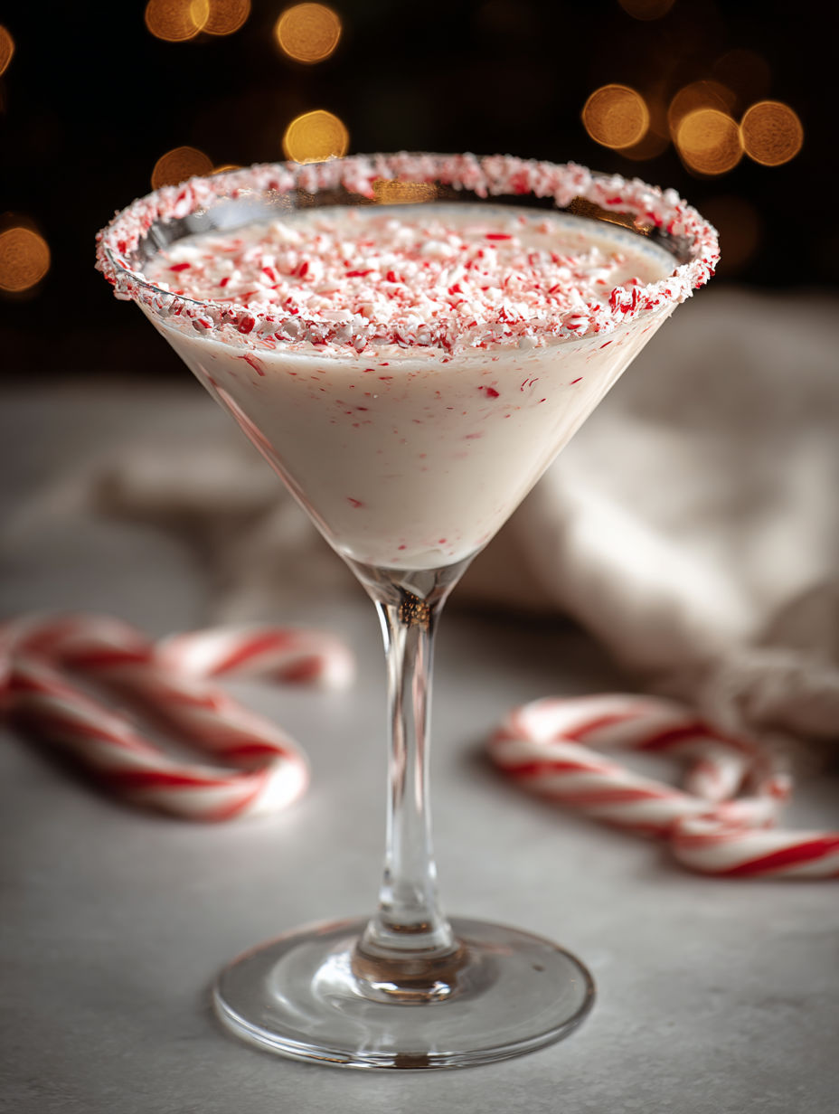A glass of peppermint martini with candy canes.