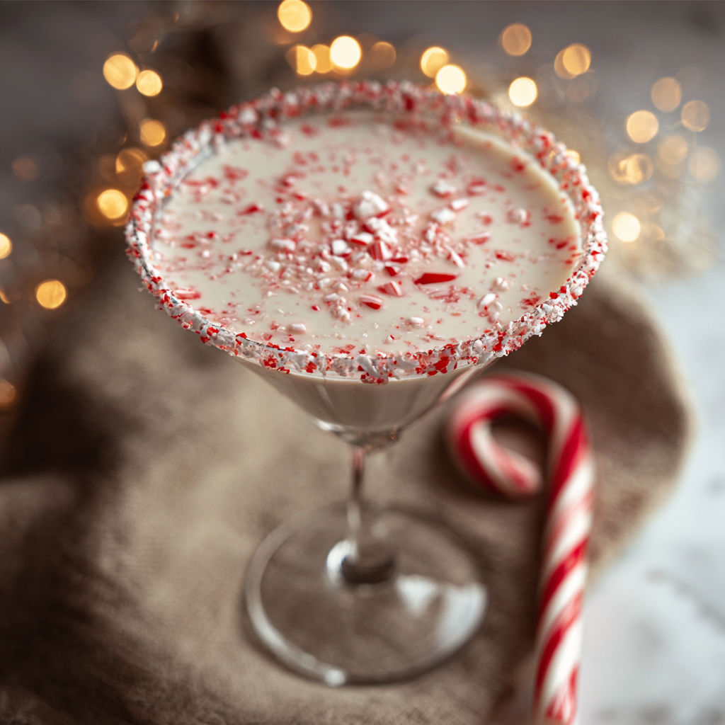 A glass of peppermint martini with a candy cane.