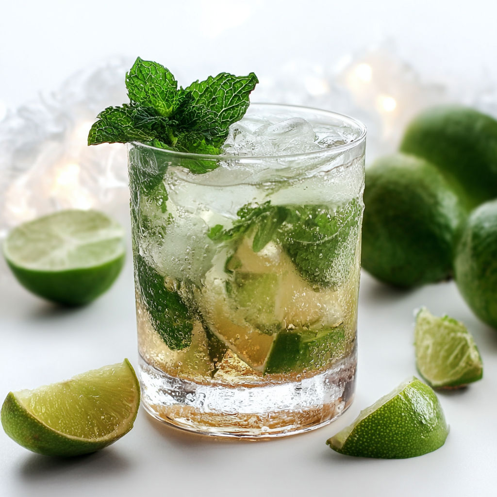 A glass of peppermint mojito with a lime wedge.