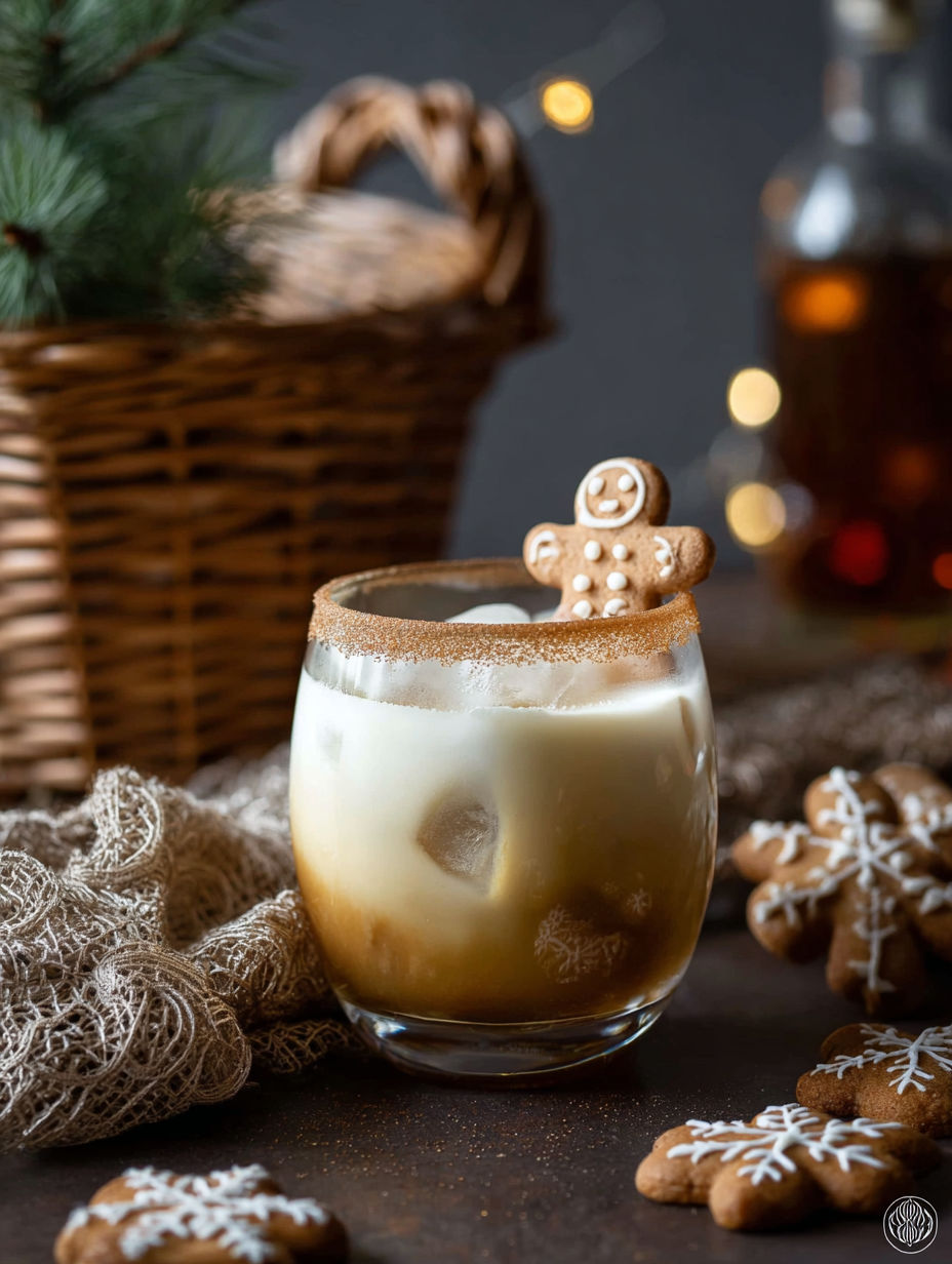 A glass of white russian with a gingerbread cookie on top.