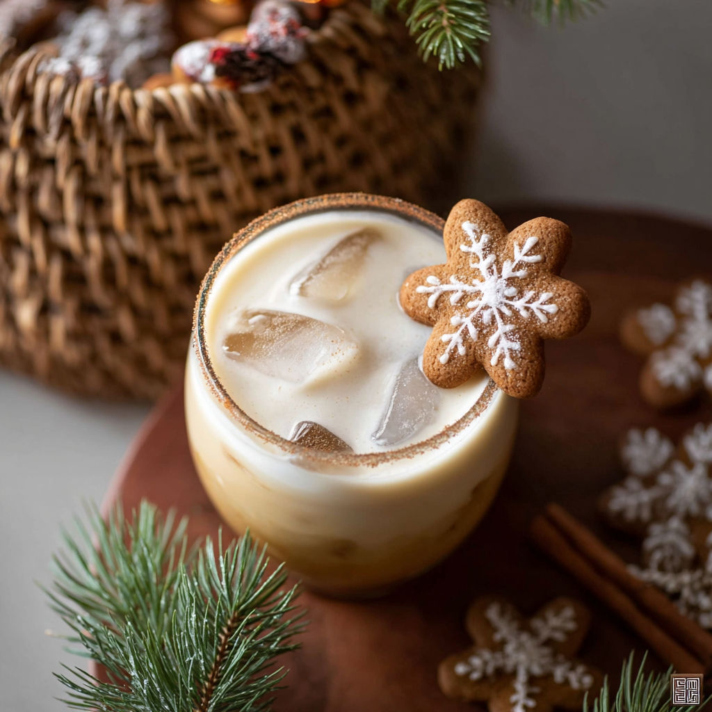 A glass of white russian with a gingerbread cookie on top.