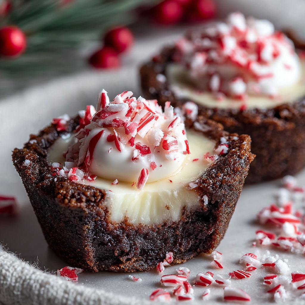 Two chocolate peppermint cookie cups with white frosting.