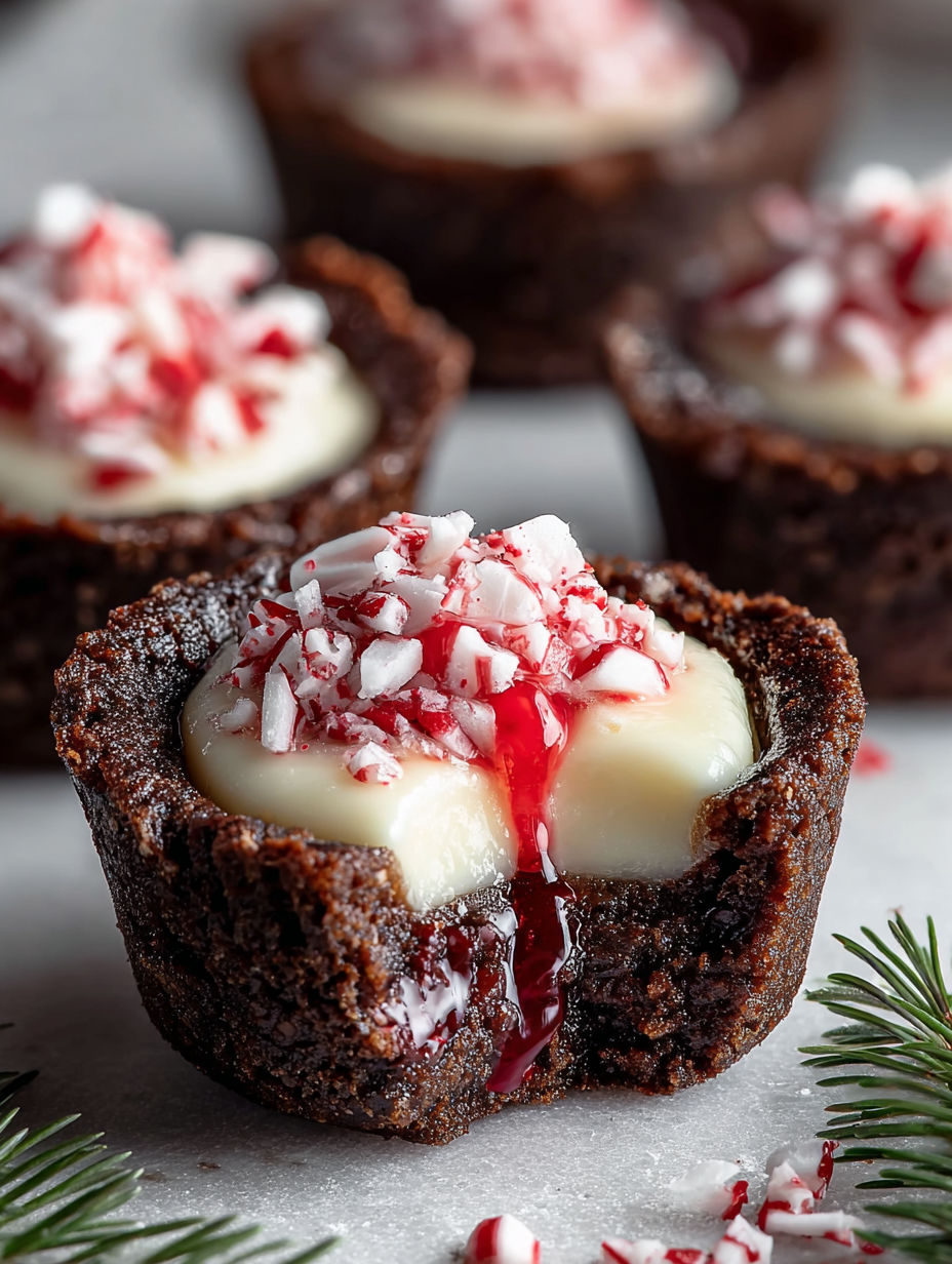 Chocolate Peppermint Cookie Cups with red icing.