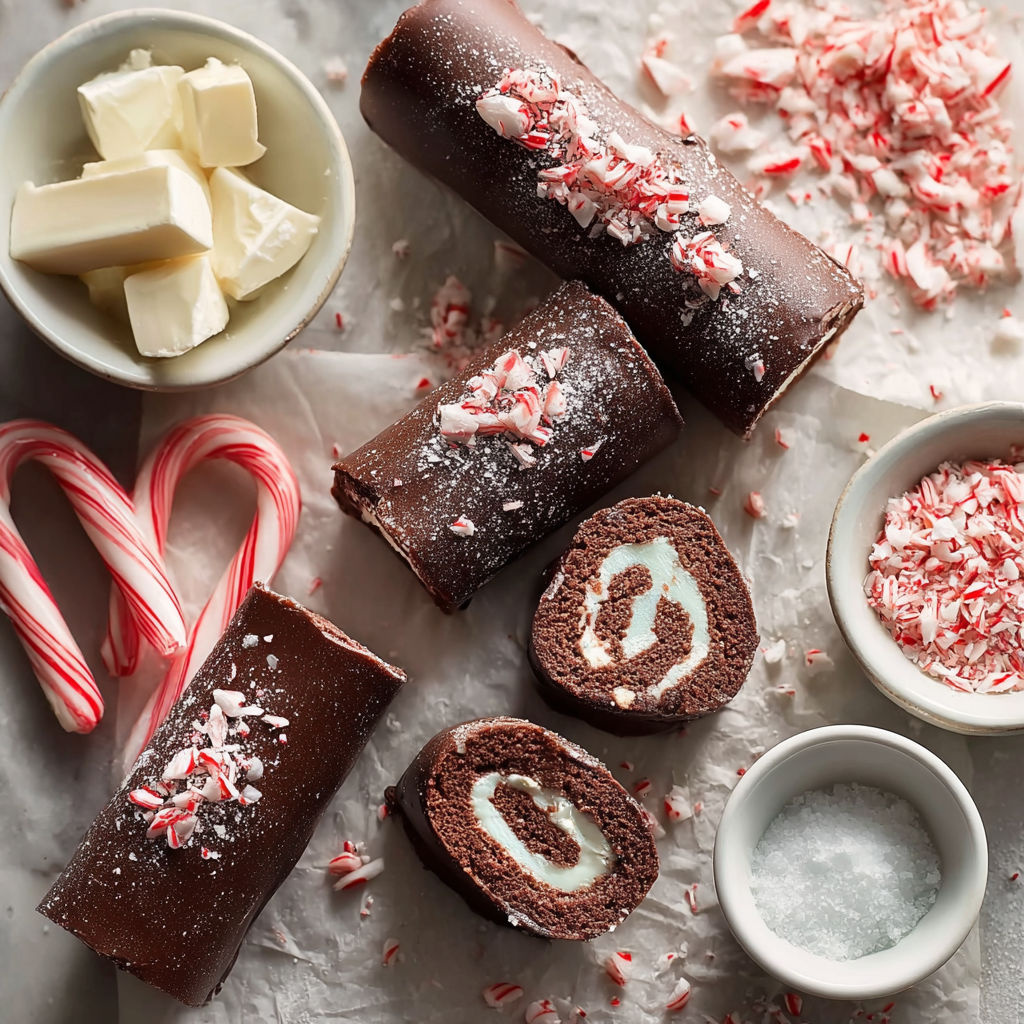 A bowl of butter and a plate of peppermint chocolate roll cookies.