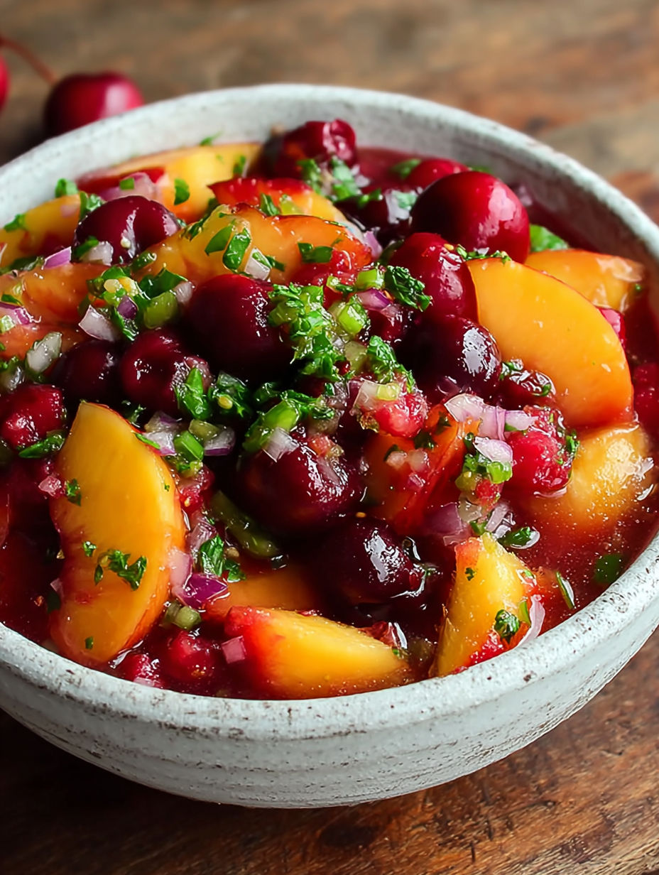 A bowl of delicious peach cherry salsa.