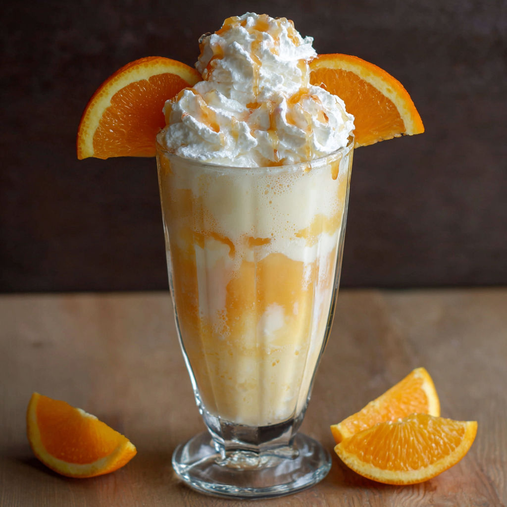 A glass of Dirty Creamsicle Float with orange slices on the side.