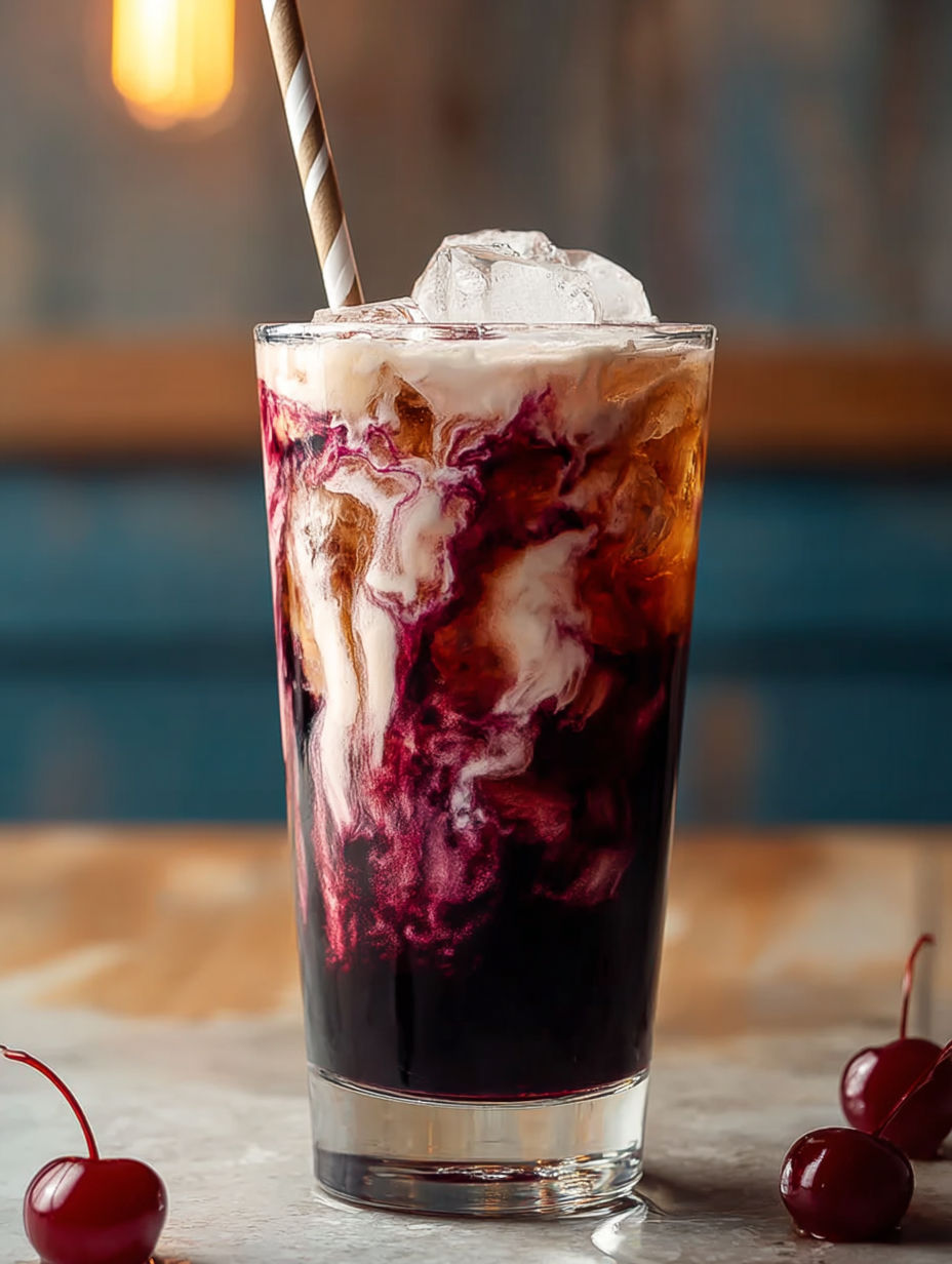 A glass of Midnight Malibu Dirty Soda.