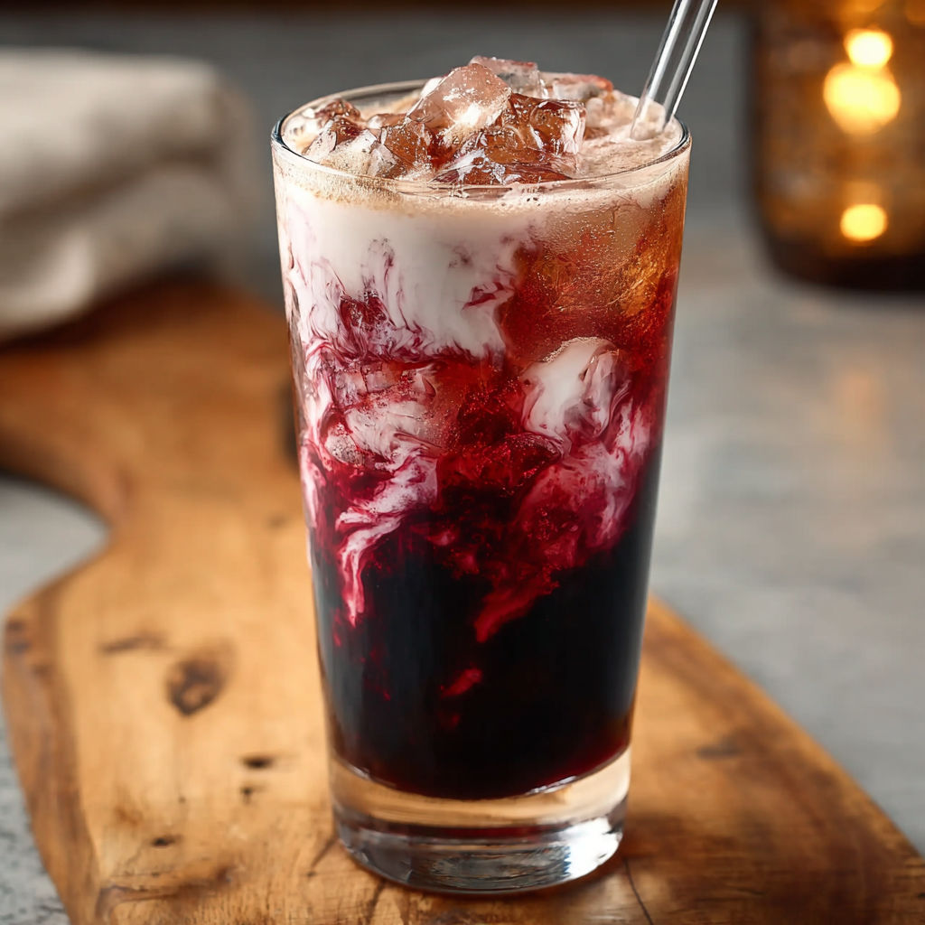 A glass of Midnight Malibu Dirty Soda.