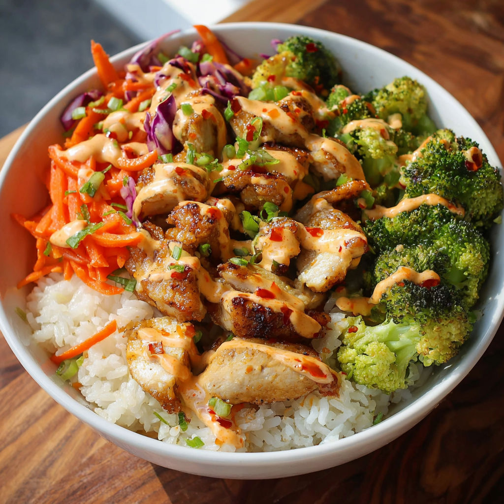 A bowl of food with chicken, broccoli, carrots, and sauce.