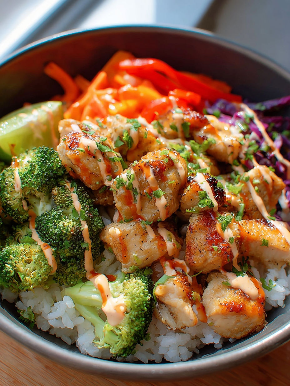 A bowl of bang bang chicken with rice and vegetables.