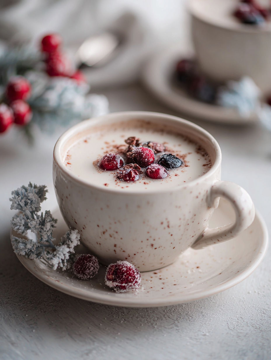 A cup of white hot chocolate with berries on top.