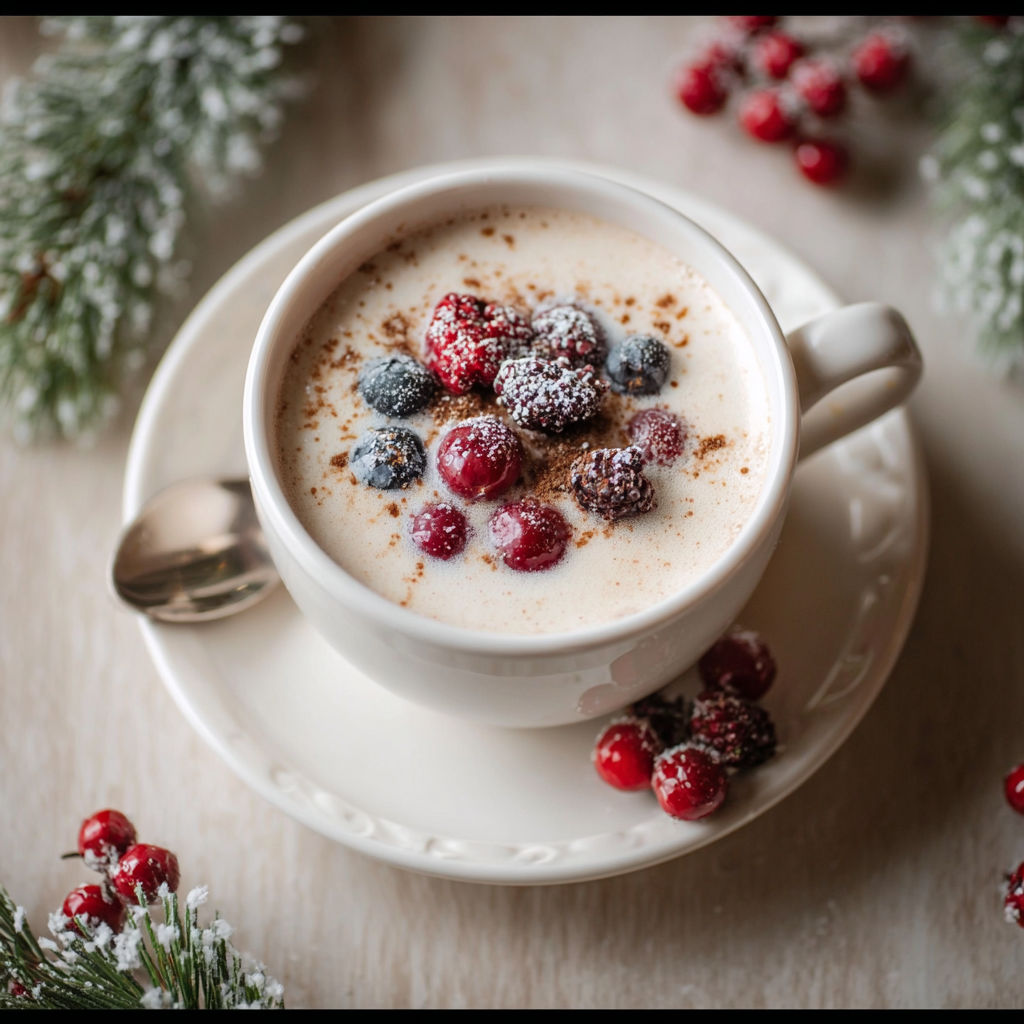 A cup of hot chocolate with berries on top.