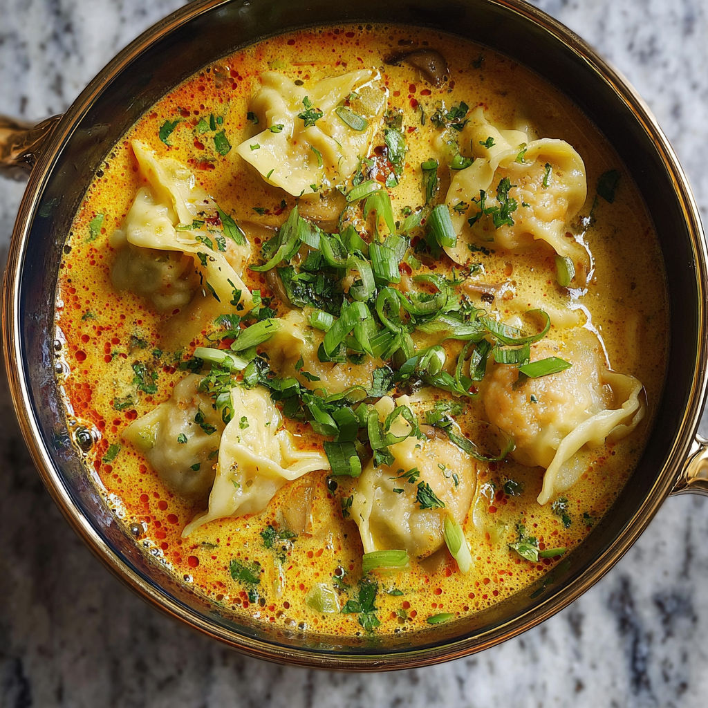 A bowl of soup with a green garnish.