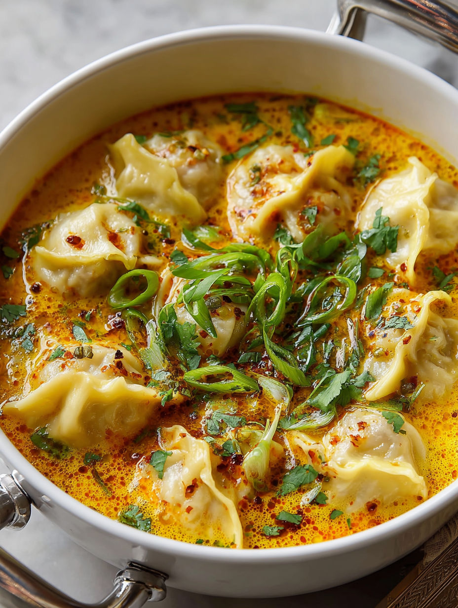 A bowl of soup with dumplings and green onions.