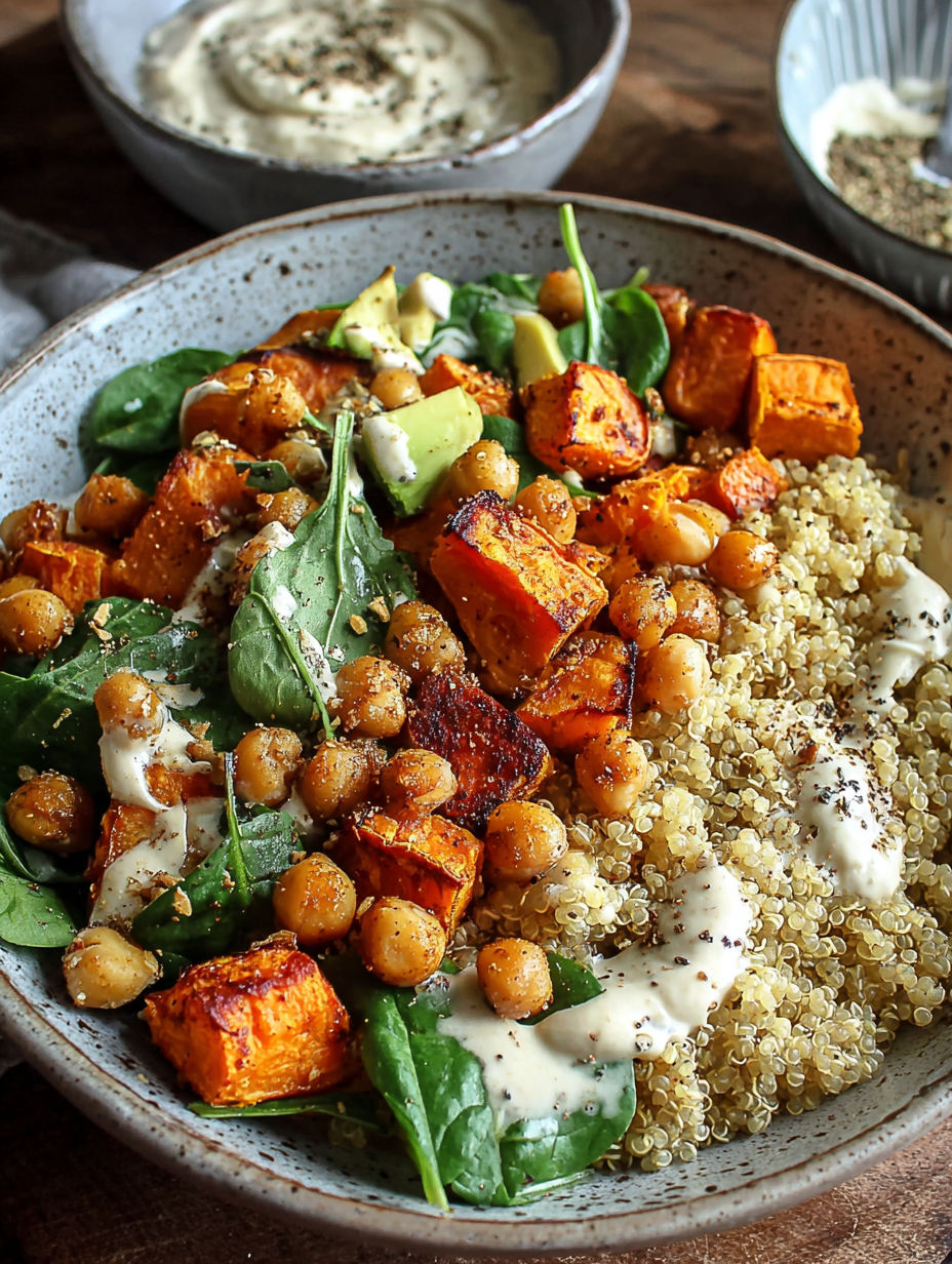 A bowl of food with a variety of ingredients including chickpeas, avocado, and tahini yogurt.