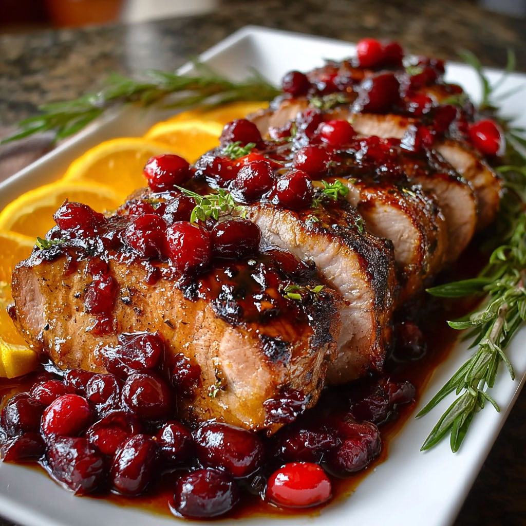 A plate of pork with cranberries and oranges.