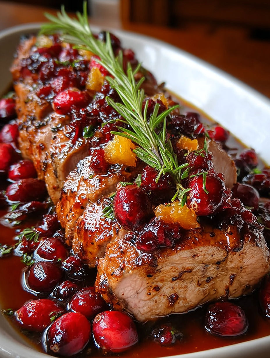 A pork tenderloin with cranberry and orange sauce.