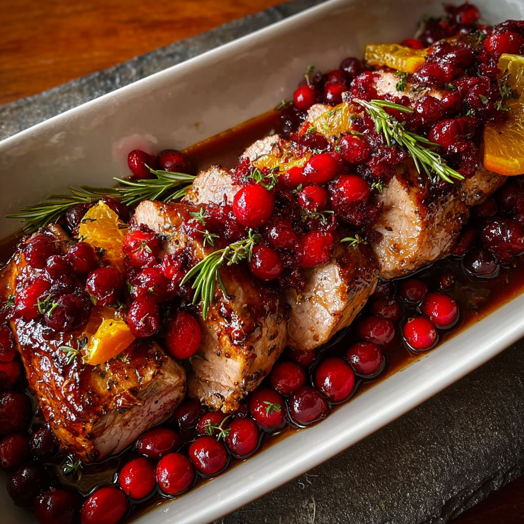 A pork tenderloin with cranberries and oranges on top.