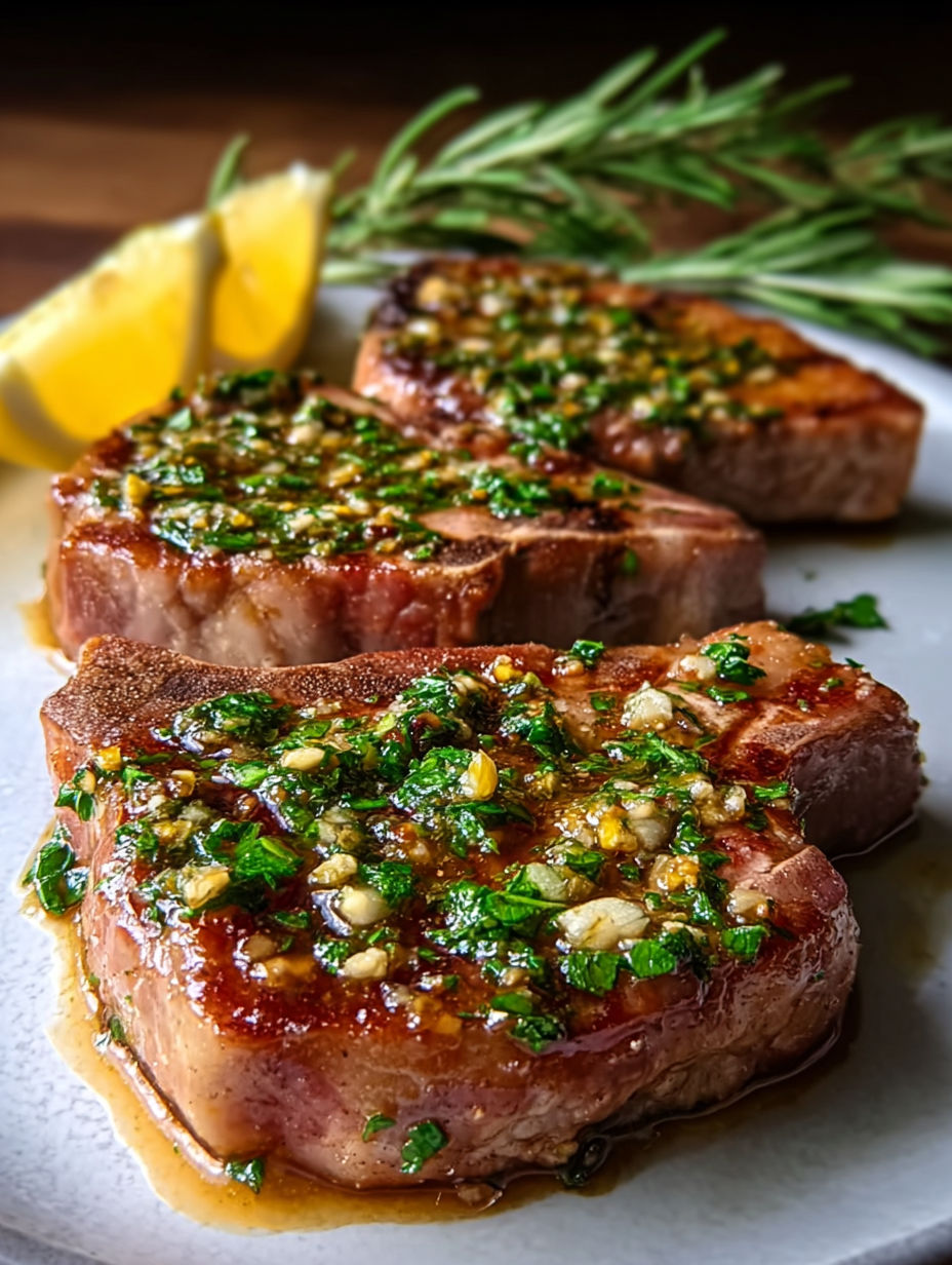 Three juicy Sicilian pork chops with herbs and spices.