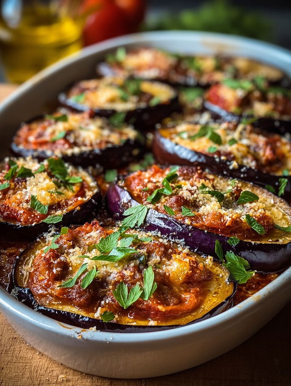 A dish of eggplant with cheese and herbs.