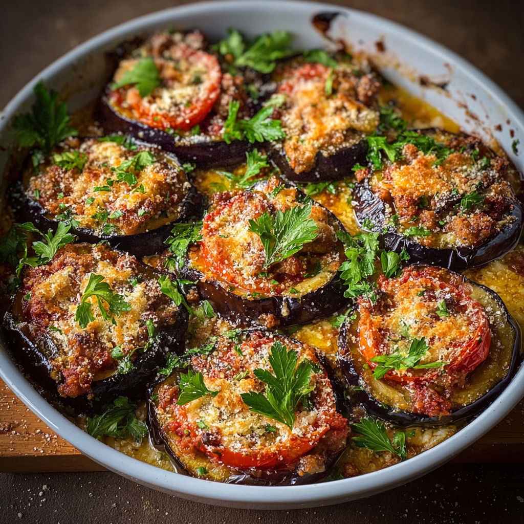 A dish of eggplant with cheese and tomatoes.