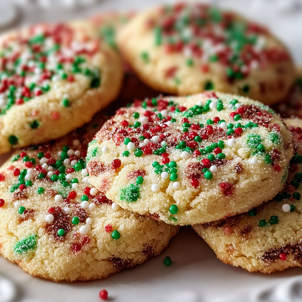 A plate of Christmas sprinkle sugar cookies.