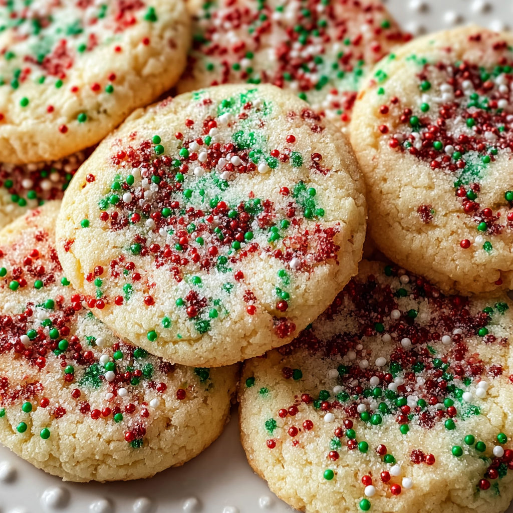 A plate of Christmas sprinkle sugar cookies.
