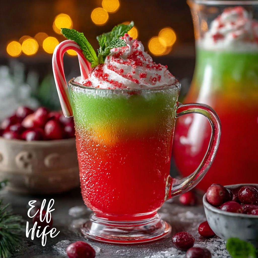 A glass of Elf Juice with red, green, and yellow colors.