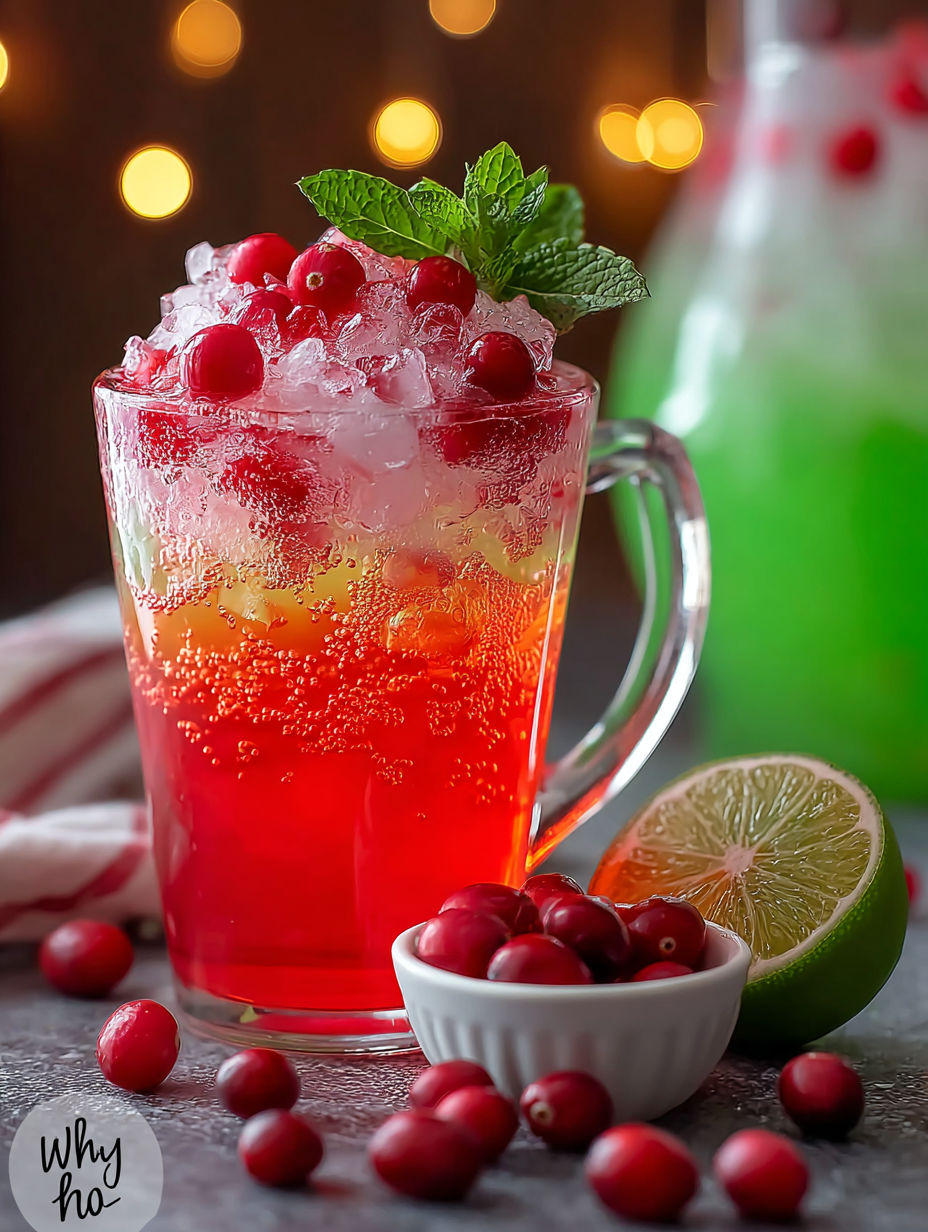A glass of red juice with a lime wedge and a bowl of cranberries.
