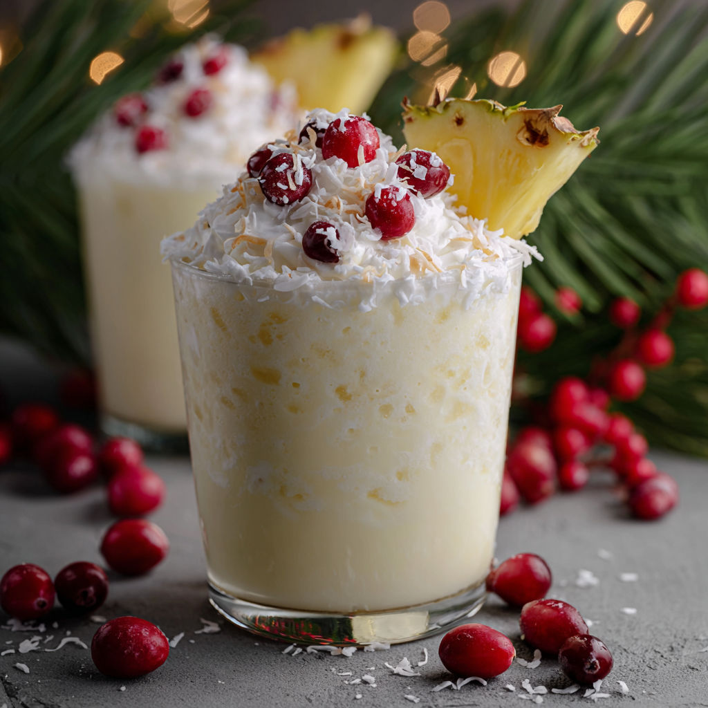 A glass of Santa Coladas with pineapple and red berries.