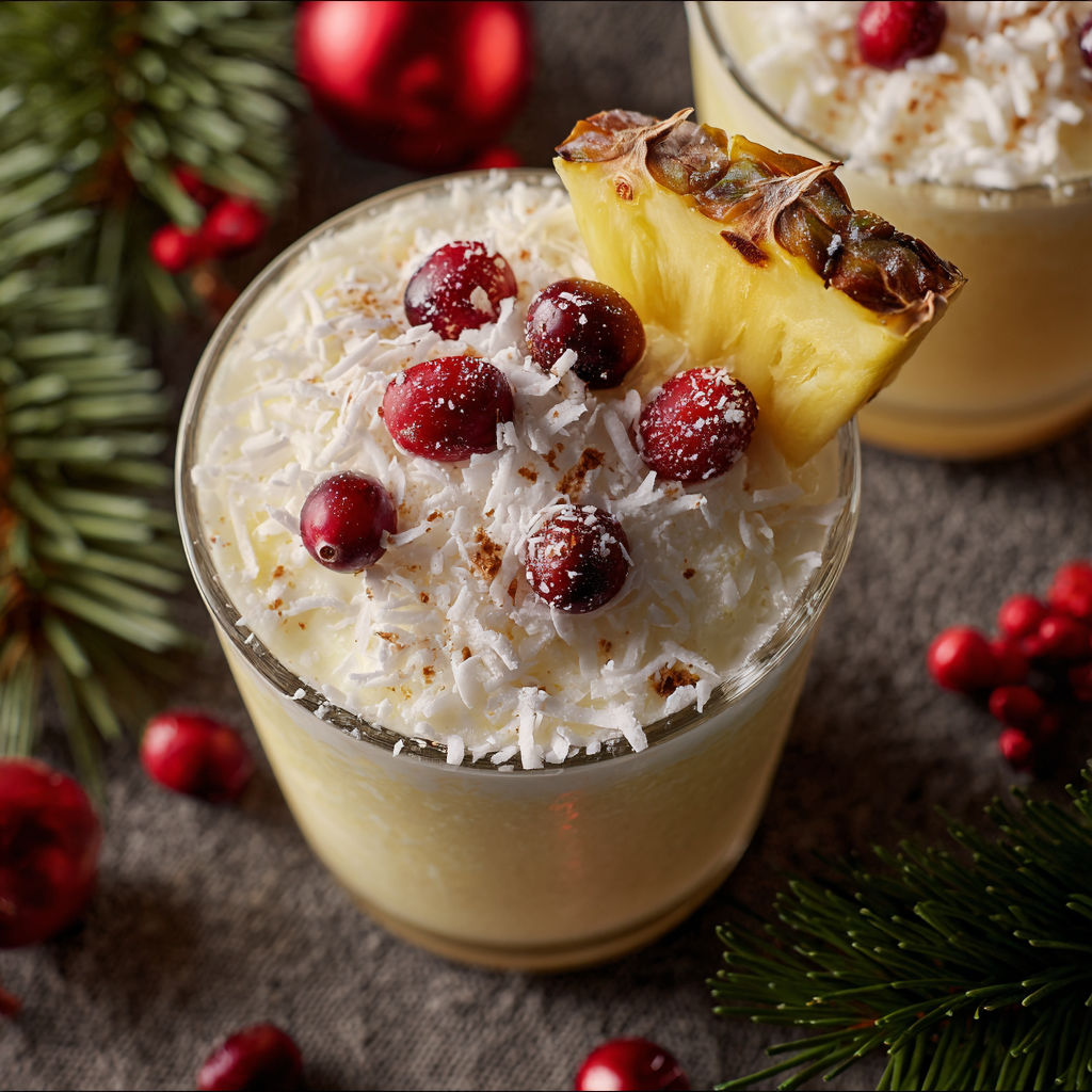 A glass of pineapple and coconut milk with a pineapple wedge on top.