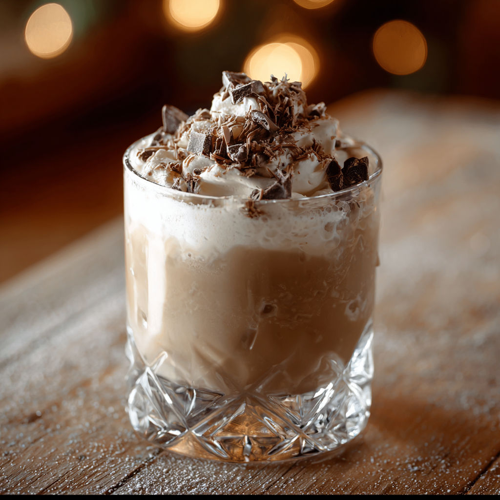 A glass of a snowy cabin treat cocktail.