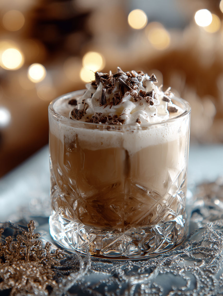 A glass of coffee with whipped cream and chocolate sprinkles.