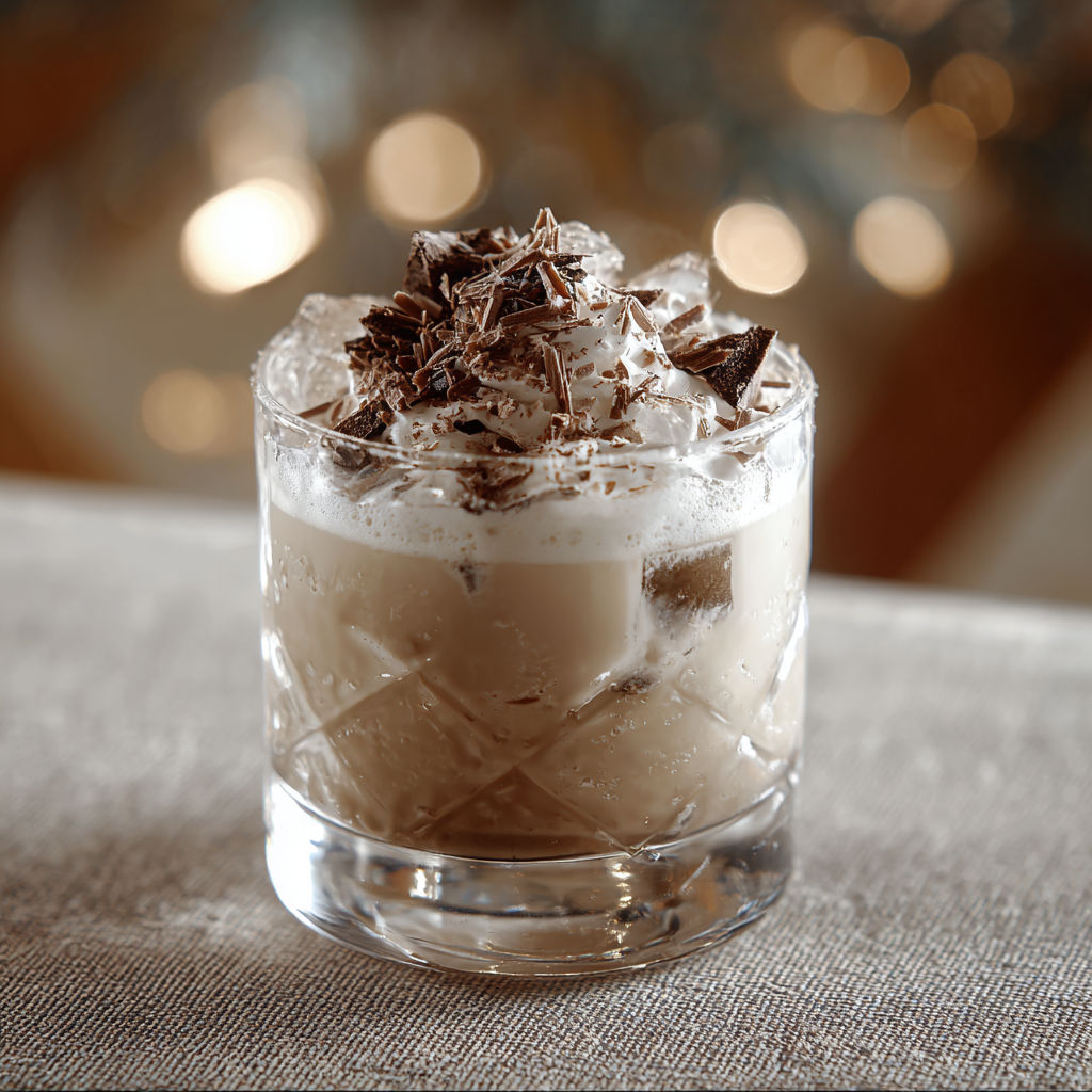 A glass of snowy cabin treat cocktail.