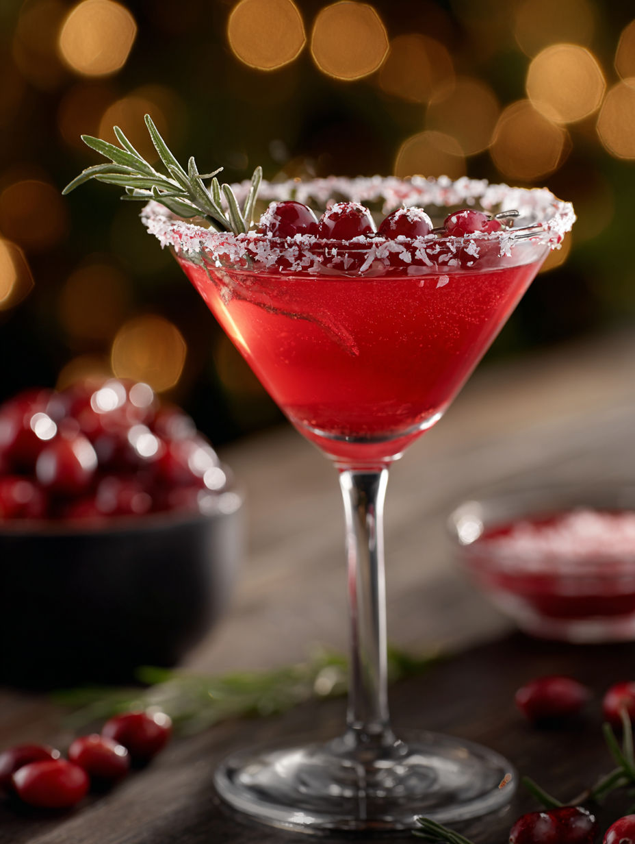 A glass of a Clausmopolitan cocktail with a sprig of rosemary.