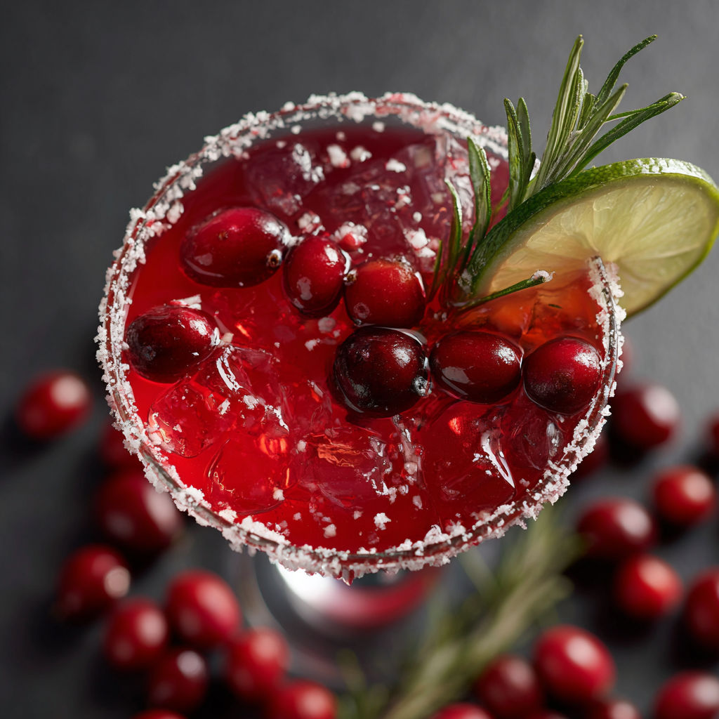 A glass of a red drink with a lemon wedge and a sprig of rosemary.