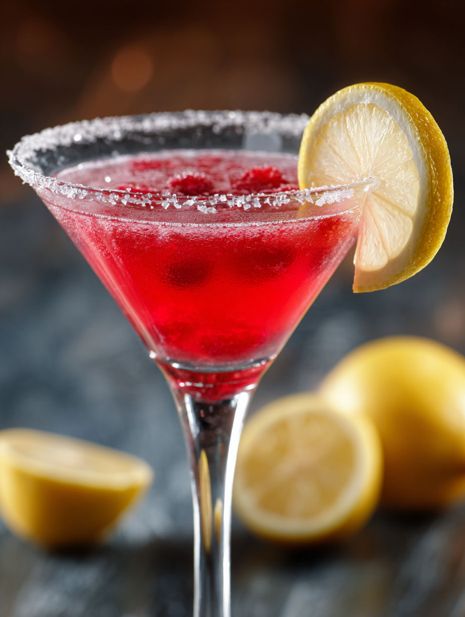 A glass of a Raspberry Lemon Drop Martini.