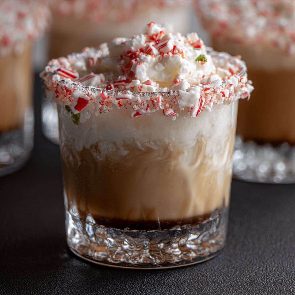 A glass of white russian with red and white stripes.
