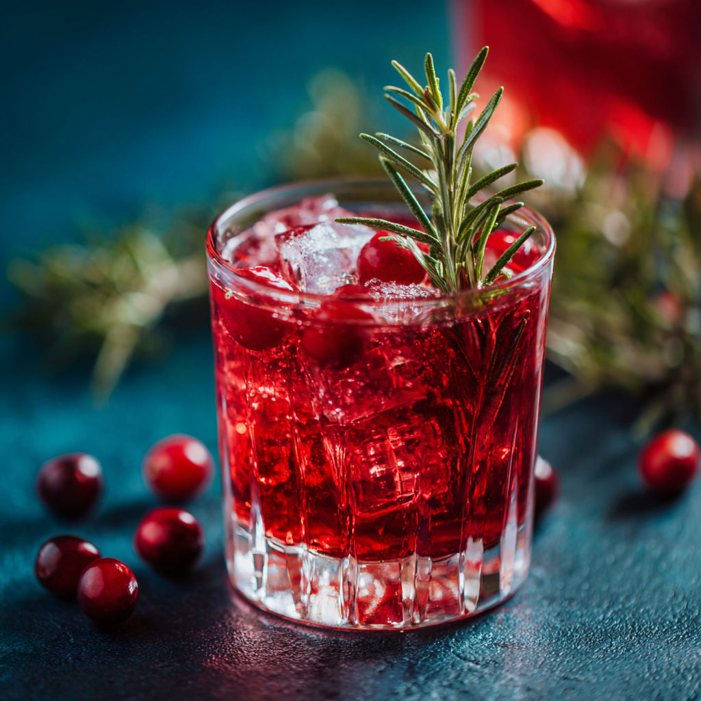 A glass of red liquid with a sprig of rosemary in it.